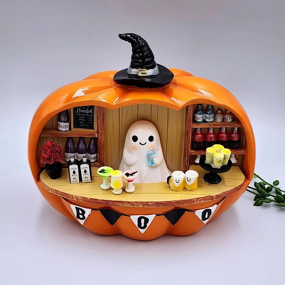 Halloween Ghost Pumpkin Bar Figurine Orange Spooky Whimsical 9